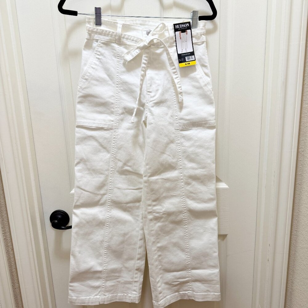Hudson Women’s Jean Size 6 Cream Wide Leg Belted Stretch Denim Relax Fit (NEW)